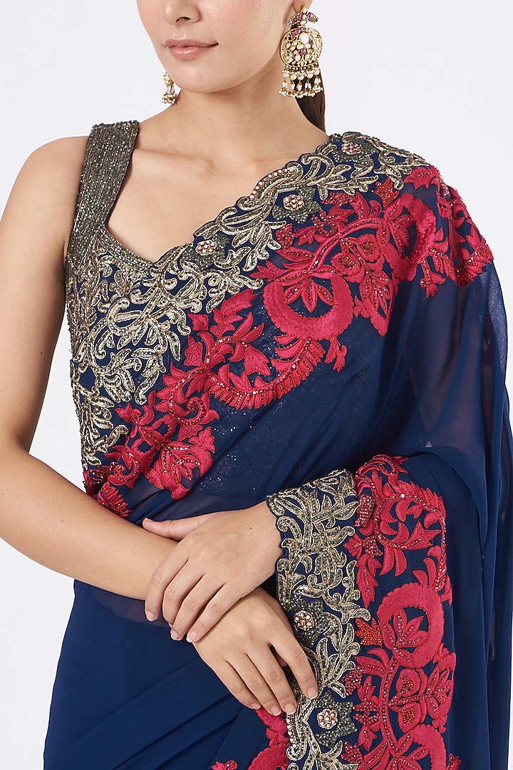 Midnight Blue Georgette Embroidered Party Wear Saree Set by NITIKA GUJRAL at Pernia's Pop Up Shop