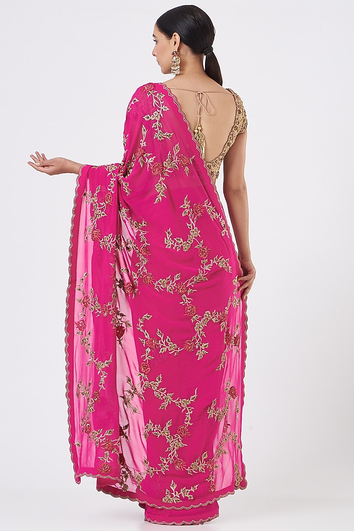 Fuchsia Georgette Wedding Saree Set by NITIKA GUJRAL at Pernia's Pop Up Shop