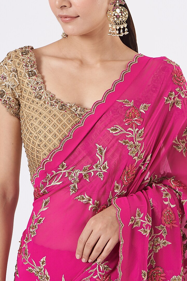 Fuchsia Georgette Wedding Saree Set by NITIKA GUJRAL at Pernia's Pop Up Shop