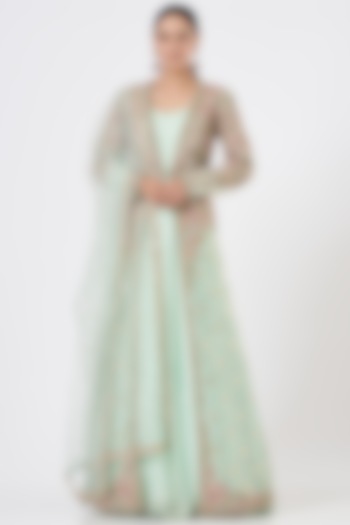Sea Green Georgette Embroidered Gown With Jacket by NITIKA GUJRAL