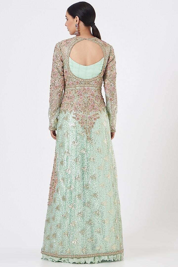 Sea Green Georgette Embroidered Wedding Gown With Jacket by NITIKA GUJRAL at Pernia's Pop Up Shop