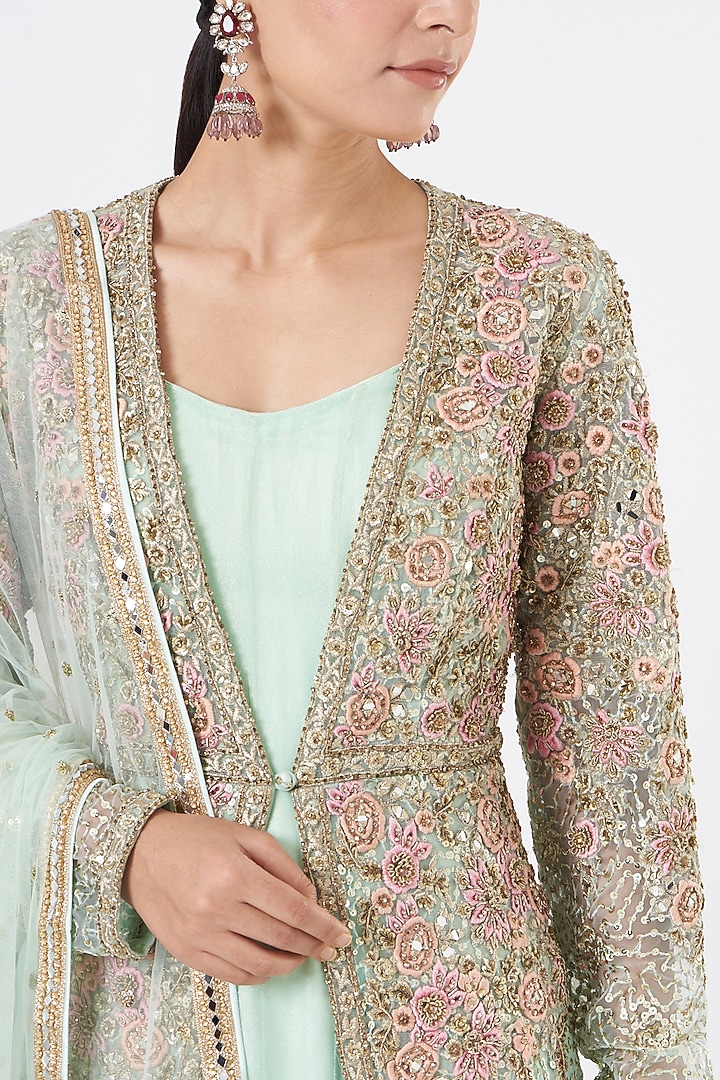 Sea Green Georgette Embroidered Wedding Gown With Jacket by NITIKA GUJRAL at Pernia's Pop Up Shop