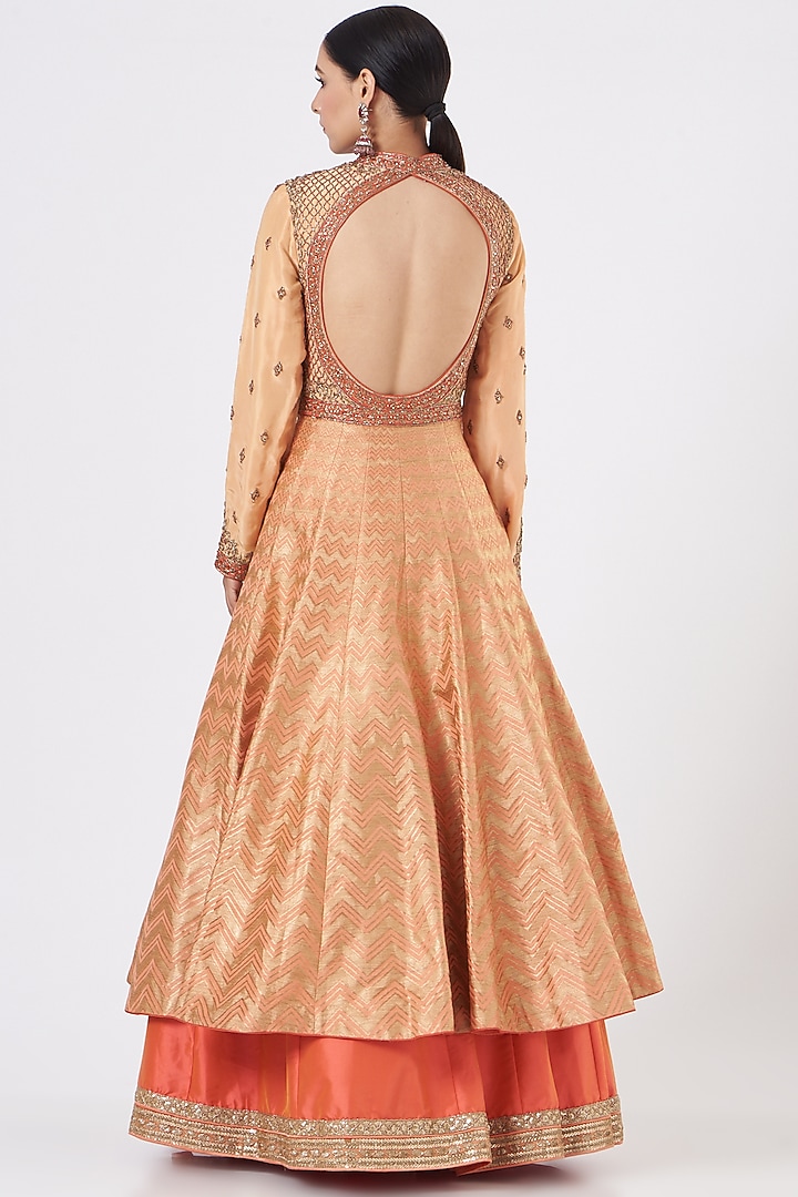 Coral Brocade Silk Jacket Wedding Lehenga Set by NITIKA GUJRAL at Pernia's Pop Up Shop