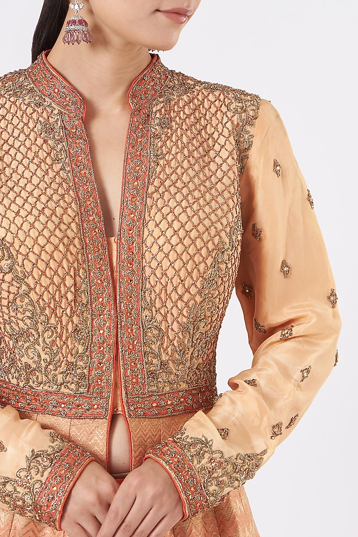 Coral Brocade Silk Jacket Wedding Lehenga Set by NITIKA GUJRAL at Pernia's Pop Up Shop