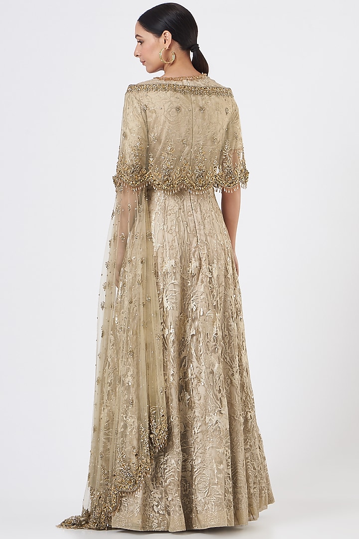 Gold Lace Fabric Engagement Gown With Cape by NITIKA GUJRAL at Pernia's Pop Up Shop