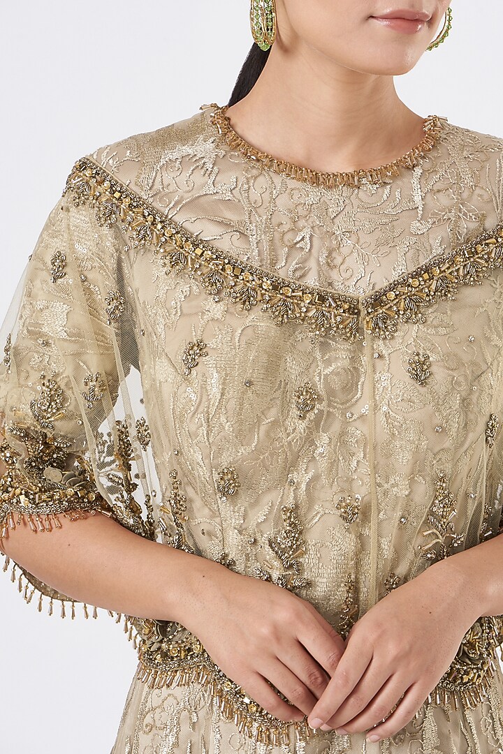 Gold Lace Fabric Engagement Gown With Cape by NITIKA GUJRAL at Pernia's Pop Up Shop