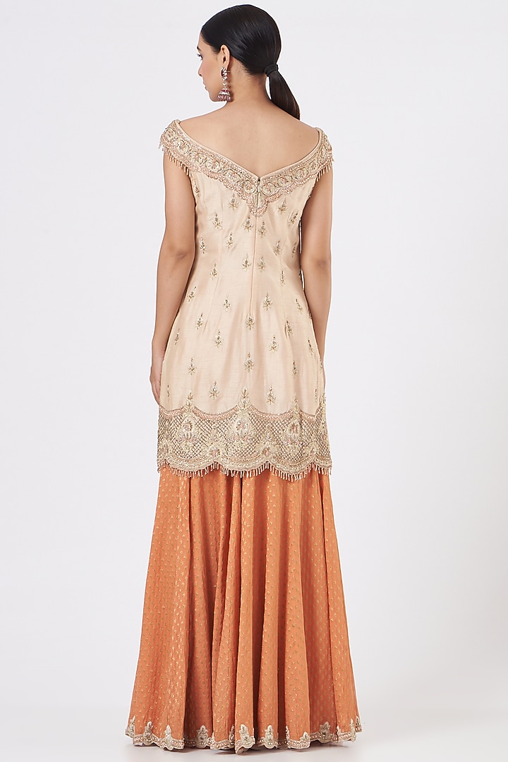 Peach Raw Silk Georgette Wedding Sharara Set by NITIKA GUJRAL at Pernia's Pop Up Shop