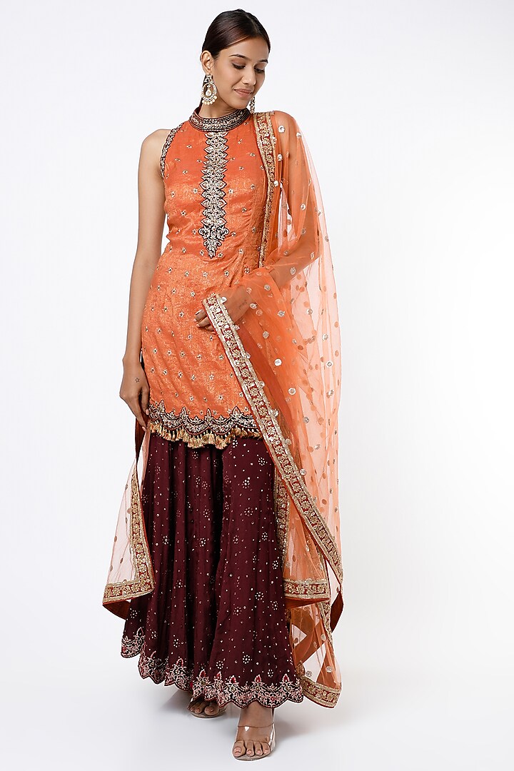 Maroon Georgette Embroidered Sharara Set by NITIKA GUJRAL