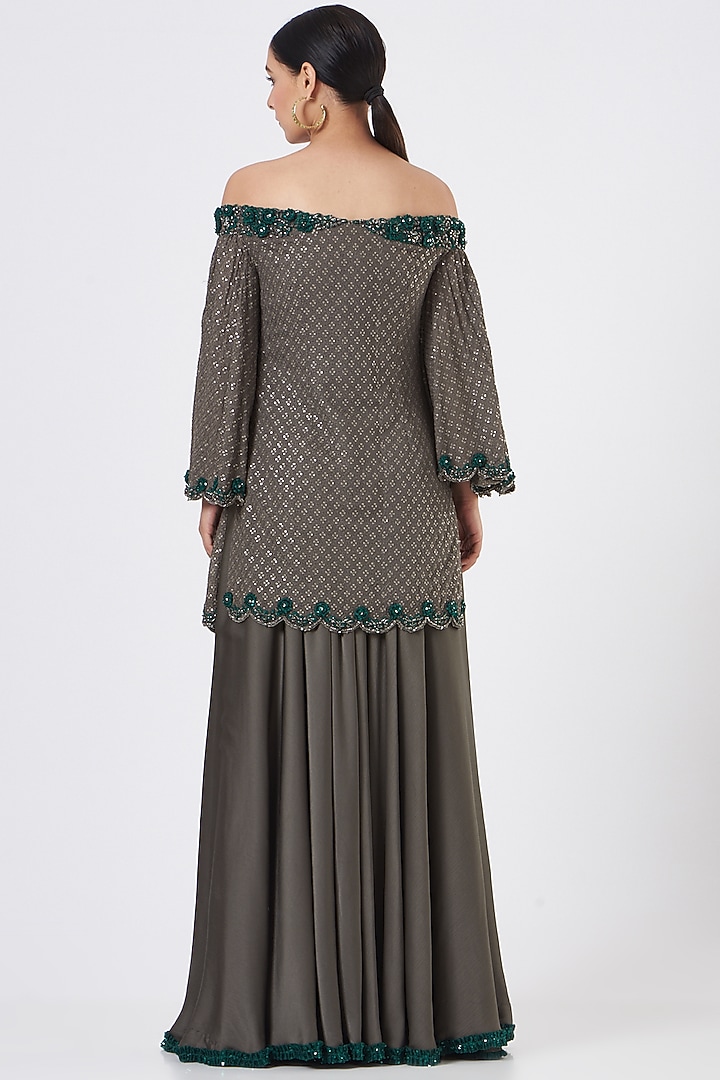 Charcoal Grey Georgette Satin Wedding Sharara Set by NITIKA GUJRAL at Pernia's Pop Up Shop