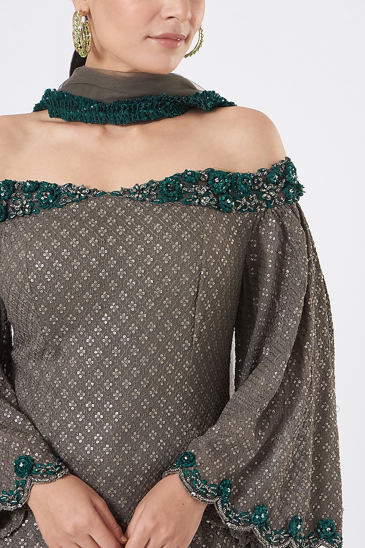 Charcoal Grey Georgette Satin Wedding Sharara Set by NITIKA GUJRAL at Pernia's Pop Up Shop