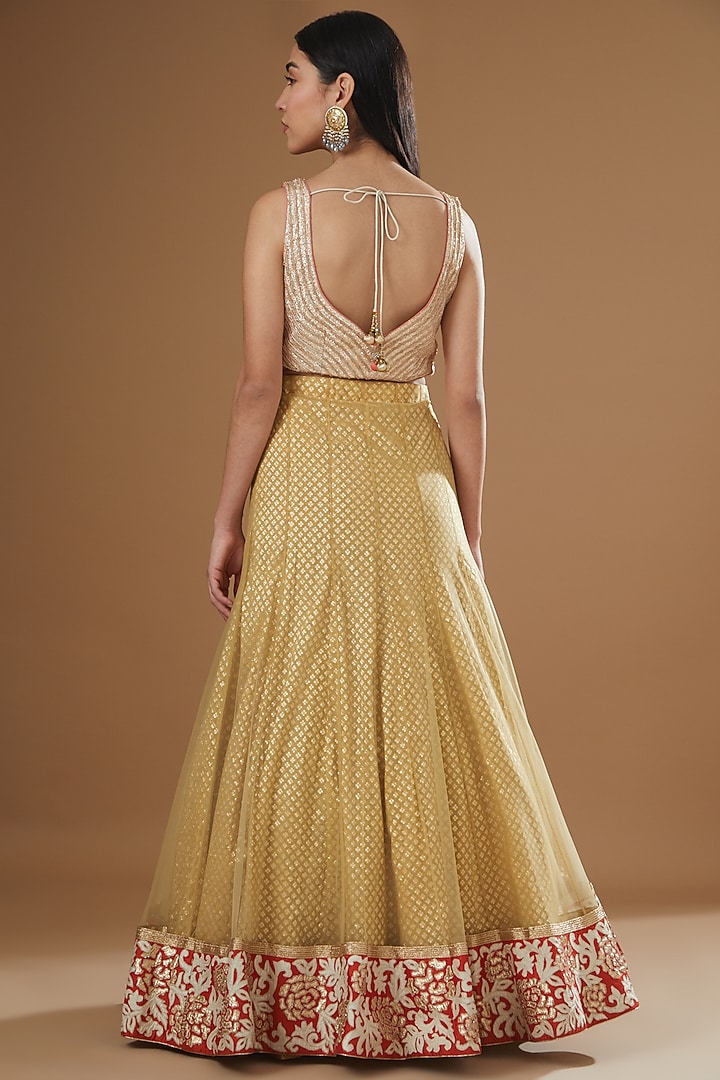 Gold Net Appliqued Embroidered Lehenga Set by NITIKA GUJRAL at Pernia's Pop Up Shop