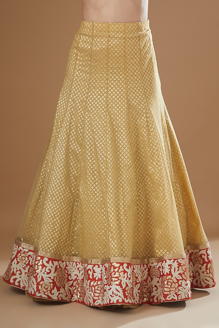 Gold Net Appliqued Embroidered Lehenga Set by NITIKA GUJRAL at Pernia's Pop Up Shop