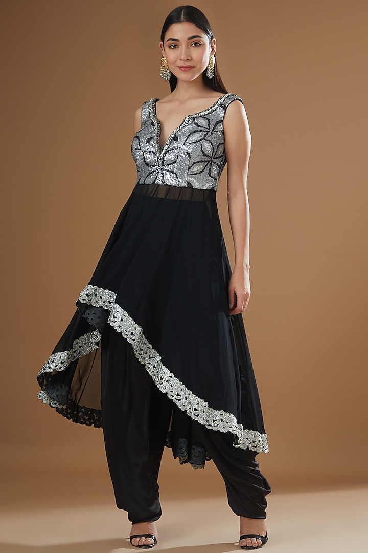 Black Georgette Embroidered Asymmetrical Kurta Set by NITIKA GUJRAL at Pernia's Pop Up Shop