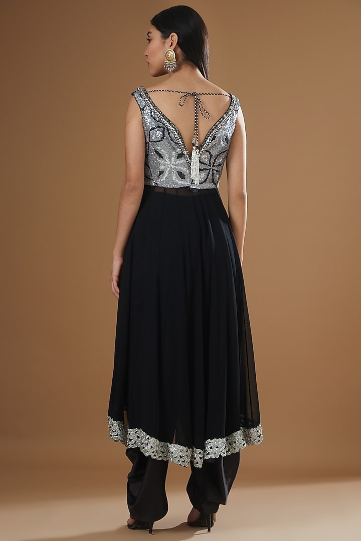 Black Georgette Embroidered Asymmetrical Kurta Set by NITIKA GUJRAL at Pernia's Pop Up Shop