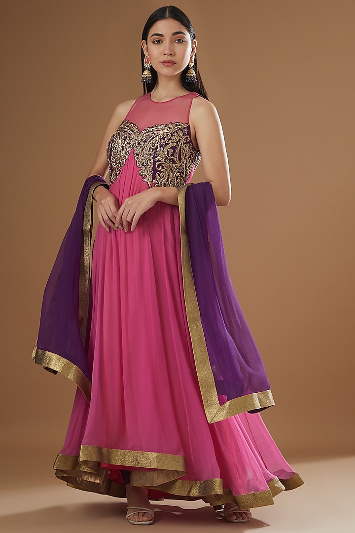 Fuchsia Chiffon Zardosi Embroidered Kalidar Kurta Set by NITIKA GUJRAL