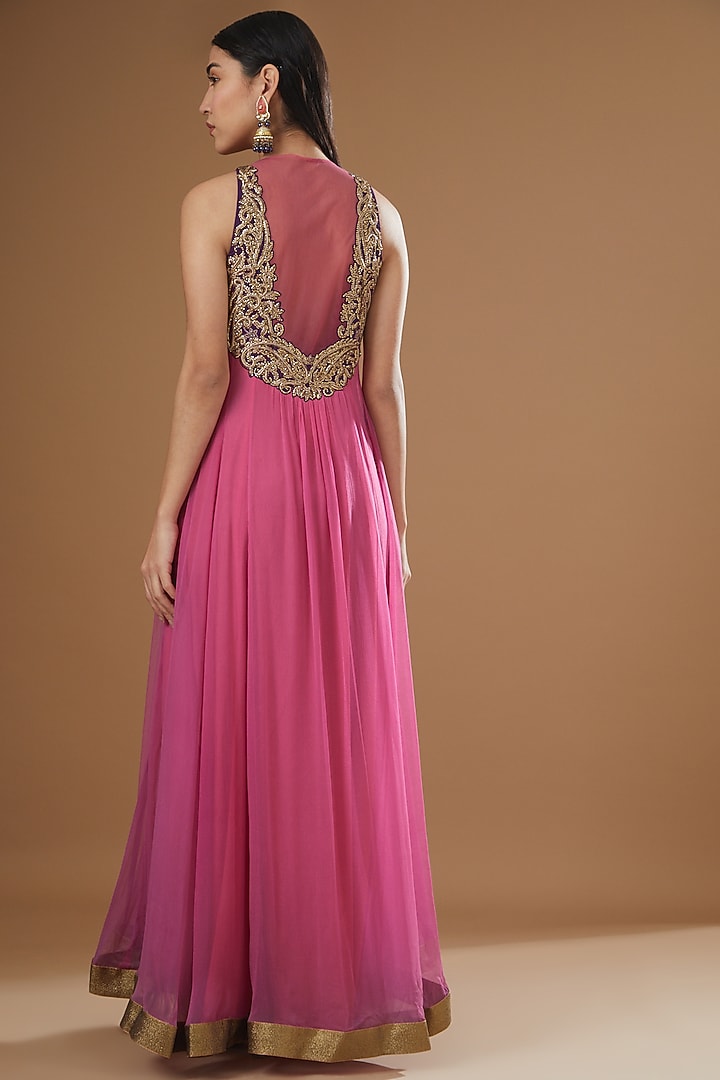Fuchsia Chiffon Zardosi Embroidered Kalidar Kurta Set by NITIKA GUJRAL at Pernia's Pop Up Shop