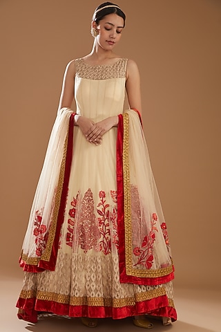 Beige Net Kalidar Gown With Dupatta by NITIKA GUJRAL