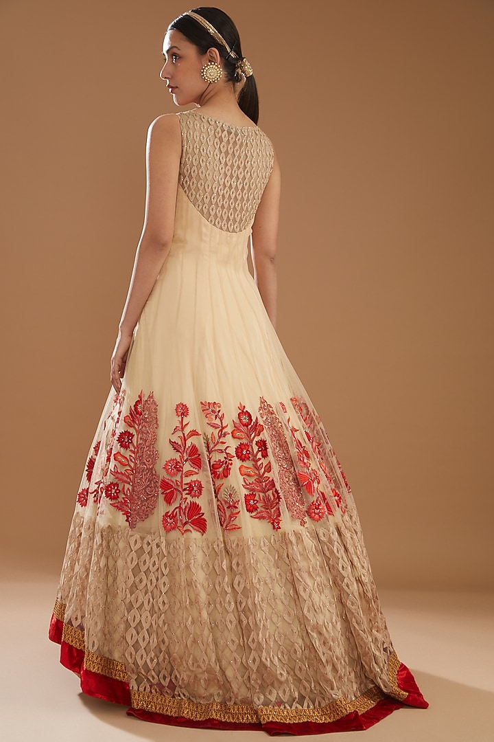 Beige Net Kalidar Engagement Gown With Dupatta by NITIKA GUJRAL at Pernia's Pop Up Shop