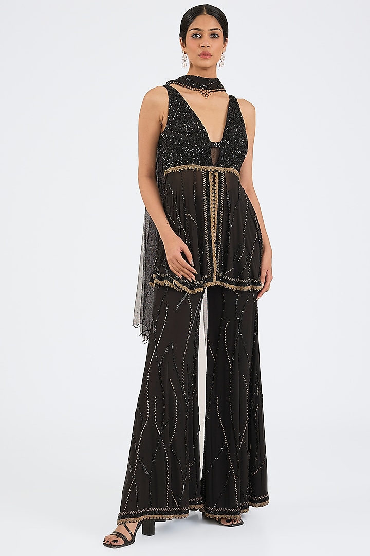 Black Organza Gold Embroidered Bridal Sharara Set by NITIKA GUJRAL at Pernia's Pop Up Shop