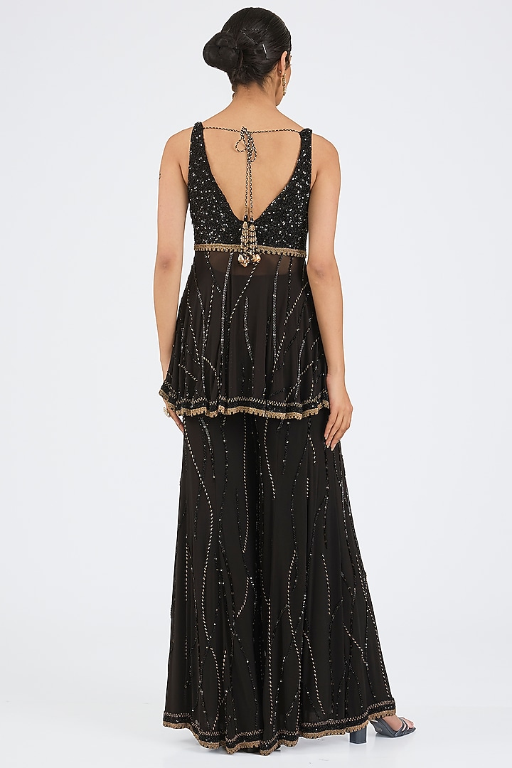 Black Organza Gold Embroidered Bridal Sharara Set by NITIKA GUJRAL at Pernia's Pop Up Shop