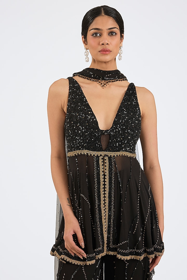 Black Organza Gold Embroidered Bridal Sharara Set by NITIKA GUJRAL at Pernia's Pop Up Shop