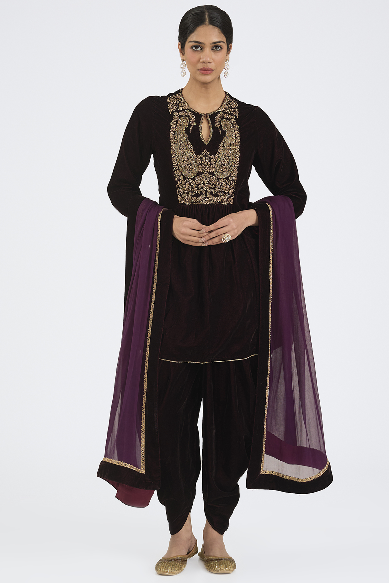 Wine Velvet & Chiffon Dhoti Set by NITIKA GUJRAL at Pernia's Pop Up Shop