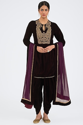 Wine Velvet & Chiffon Dhoti Set by NITIKA GUJRAL