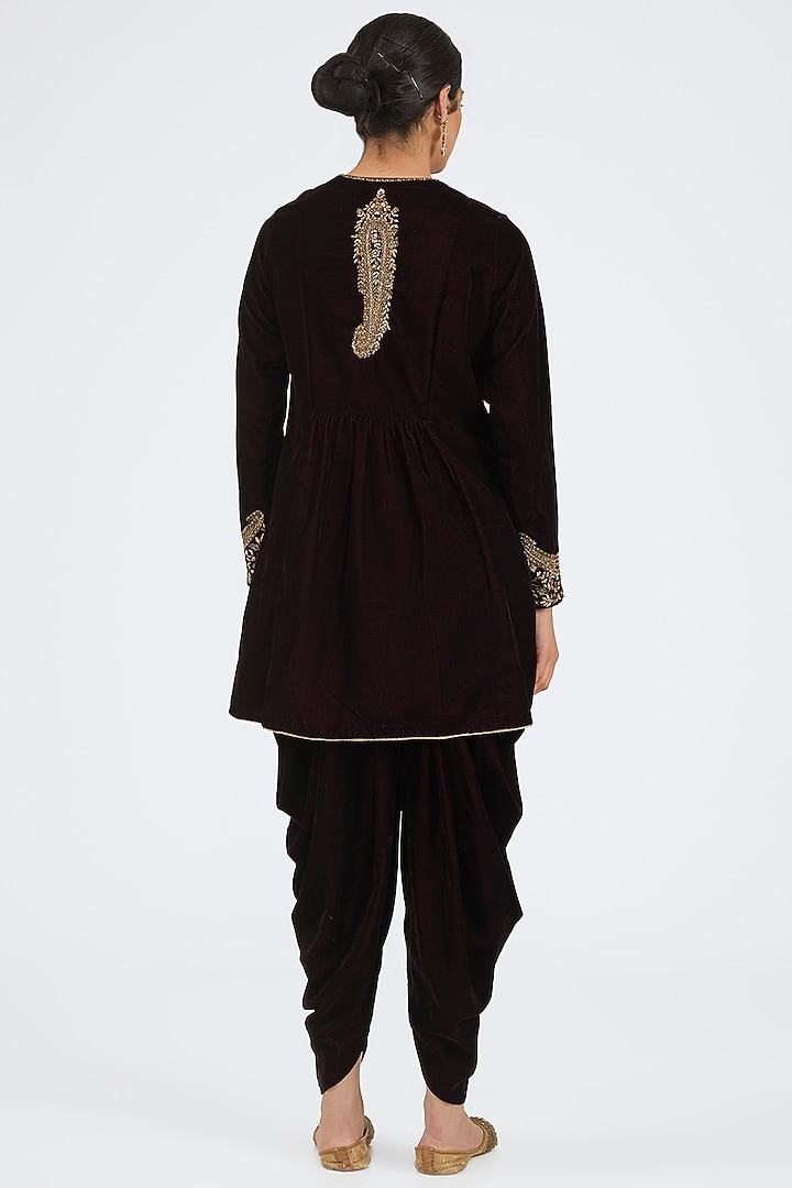 Wine Velvet & Chiffon Dhoti Set by NITIKA GUJRAL at Pernia's Pop Up Shop