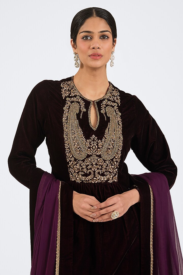 Wine Velvet & Chiffon Dhoti Set by NITIKA GUJRAL at Pernia's Pop Up Shop