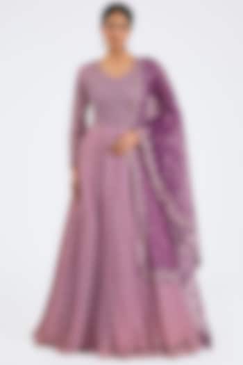Lilac Net & Satin Embroidered Anarkali Set by NITIKA GUJRAL at Pernia's Pop Up Shop
