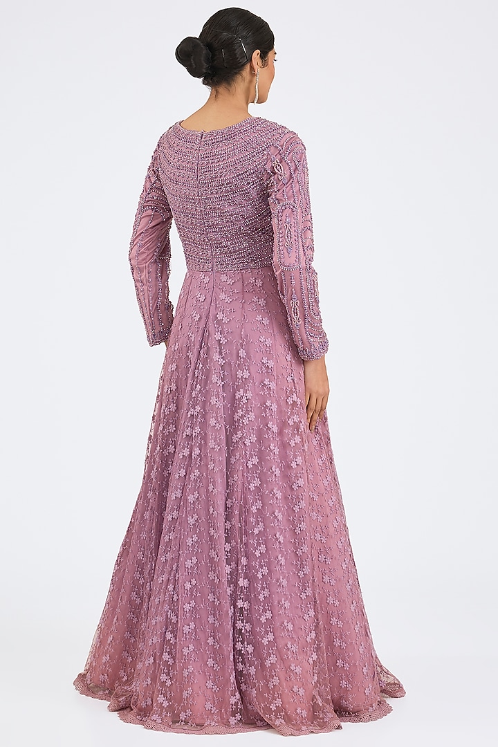 Lilac Net & Satin Embroidered Wedding Anarkali Set by NITIKA GUJRAL at Pernia's Pop Up Shop