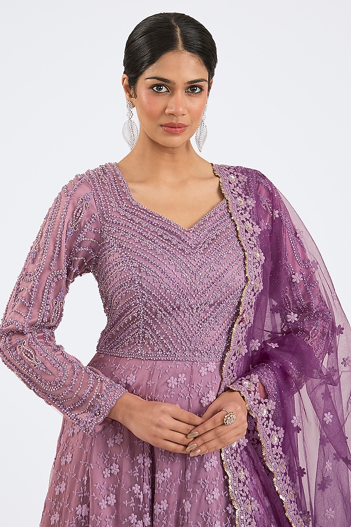 Lilac Net & Satin Embroidered Wedding Anarkali Set by NITIKA GUJRAL at Pernia's Pop Up Shop