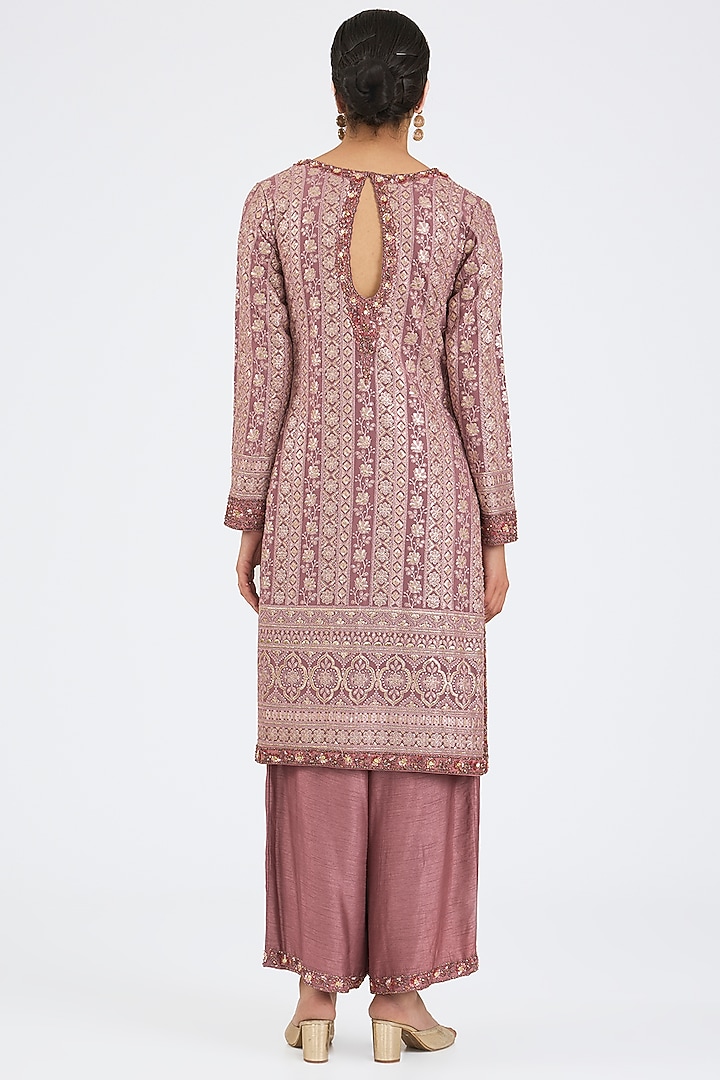 Old Rose Raw Silk Embroidered Kurta Set by NITIKA GUJRAL at Pernia's Pop Up Shop