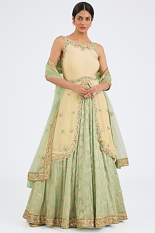 Lime Tissue Banarasi Lehenga Set by NITIKA GUJRAL