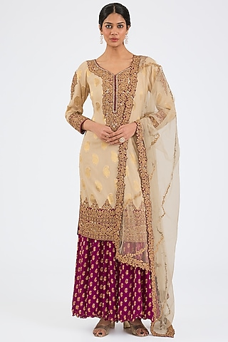Wine Banarasi Embroidered Sharara Set by NITIKA GUJRAL