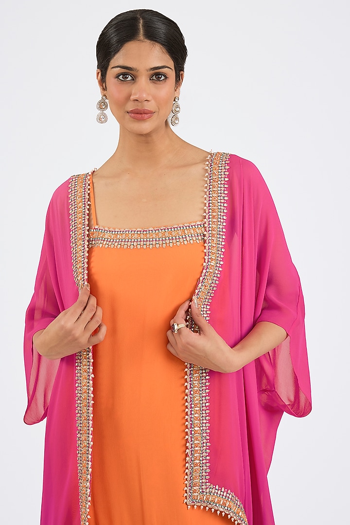 Fuchsia Georgette Embroidered Cape Set by NITIKA GUJRAL at Pernia's Pop Up Shop