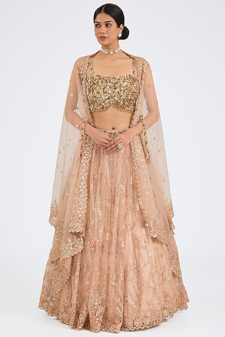 Peach Net Embroidered Jacket Wedding Lehenga Set by NITIKA GUJRAL at Pernia's Pop Up Shop