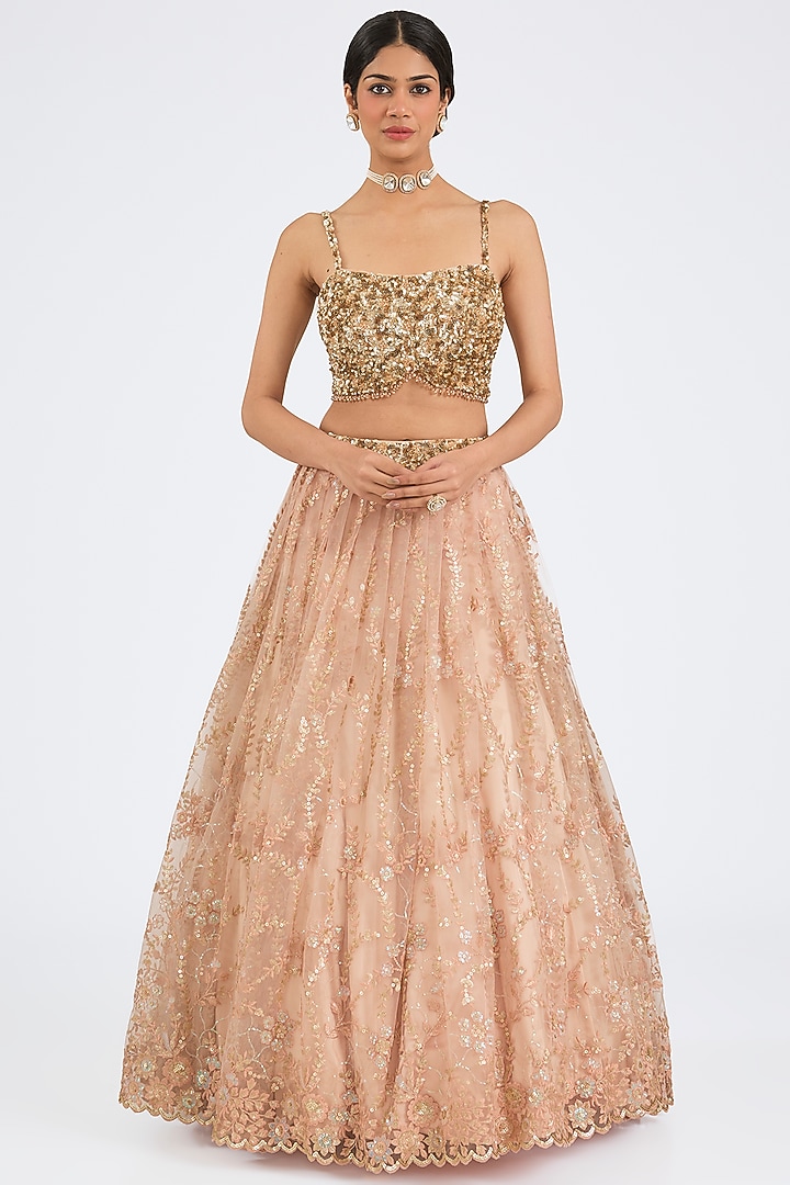 Peach Net Embroidered Jacket Wedding Lehenga Set by NITIKA GUJRAL at Pernia's Pop Up Shop