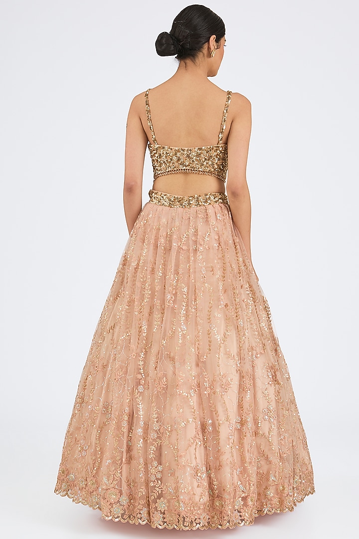 Peach Net Embroidered Jacket Wedding Lehenga Set by NITIKA GUJRAL at Pernia's Pop Up Shop