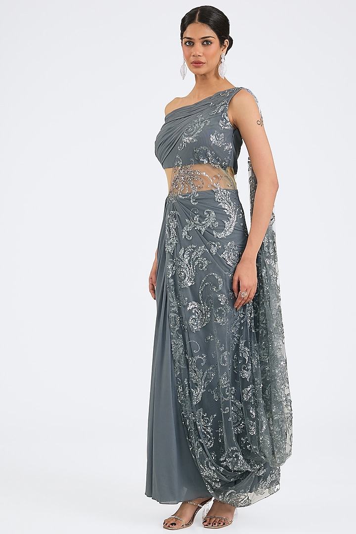 Grey Lycra Embroidered Dress by NITIKA GUJRAL at Pernia's Pop Up Shop