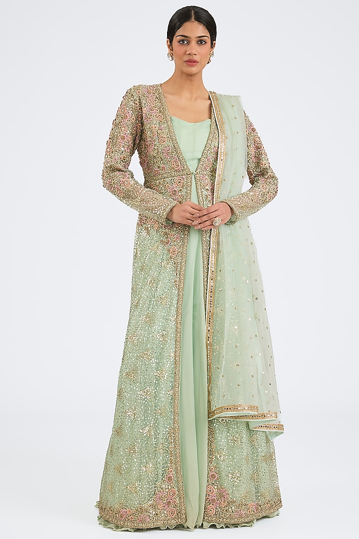 Aqua Net Resham Embroidered Jacket Set by NITIKA GUJRAL at Pernia's Pop Up Shop