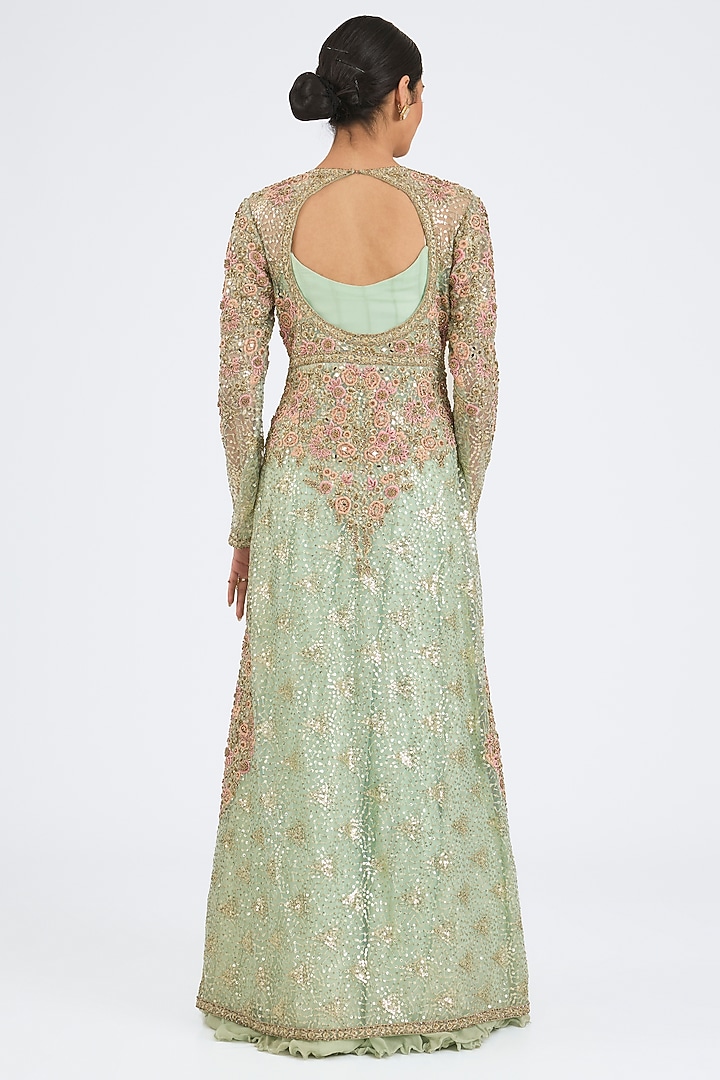 Aqua Net Resham Embroidered Jacket Set by NITIKA GUJRAL at Pernia's Pop Up Shop