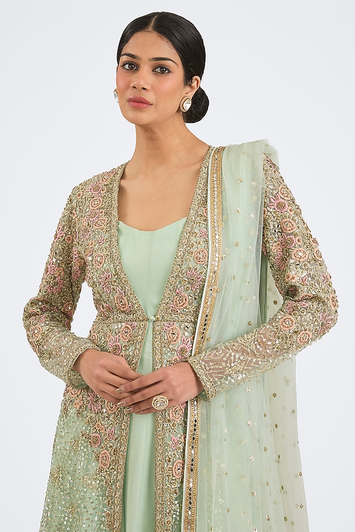 Aqua Net Resham Embroidered Jacket Set by NITIKA GUJRAL at Pernia's Pop Up Shop