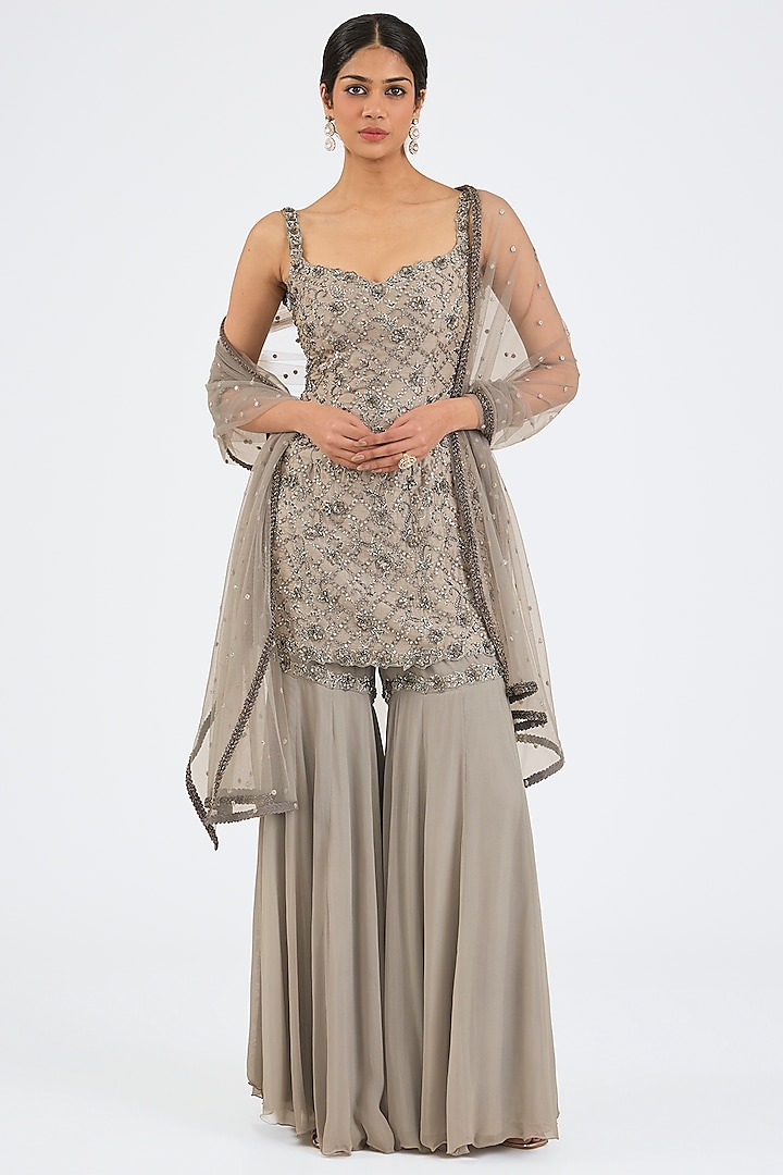 Grey Raw Silk & Georgette Gharara Set by NITIKA GUJRAL at Pernia's Pop Up Shop