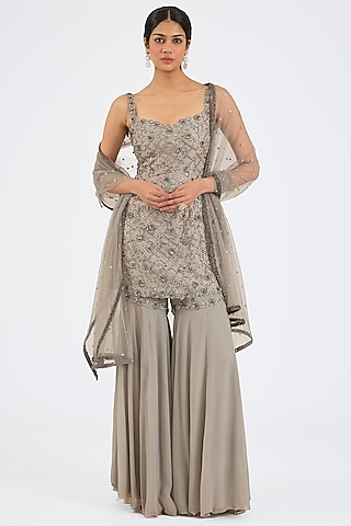 Grey Raw Silk & Georgette Gharara Set by NITIKA GUJRAL