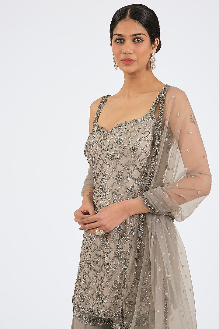 Grey Raw Silk & Georgette Gharara Set by NITIKA GUJRAL at Pernia's Pop Up Shop