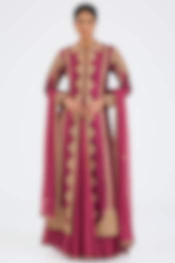 Wine Taffeta Embroidered Jacket Wedding Lehenga Set by NITIKA GUJRAL at Pernia's Pop Up Shop