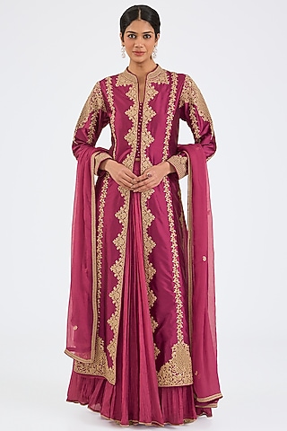 Wine Taffeta Embroidered Jacket Lehenga Set by NITIKA GUJRAL