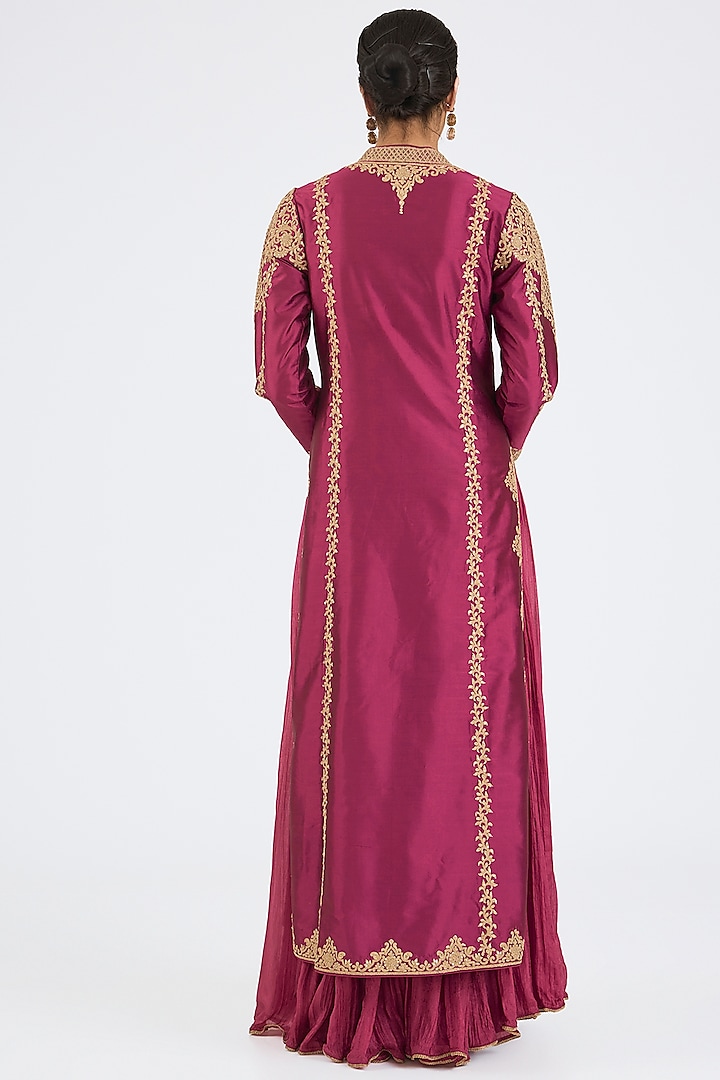 Wine Taffeta Embroidered Jacket Wedding Lehenga Set by NITIKA GUJRAL at Pernia's Pop Up Shop