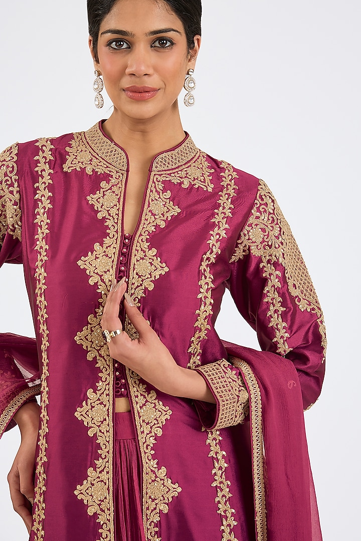 Wine Taffeta Embroidered Jacket Wedding Lehenga Set by NITIKA GUJRAL at Pernia's Pop Up Shop